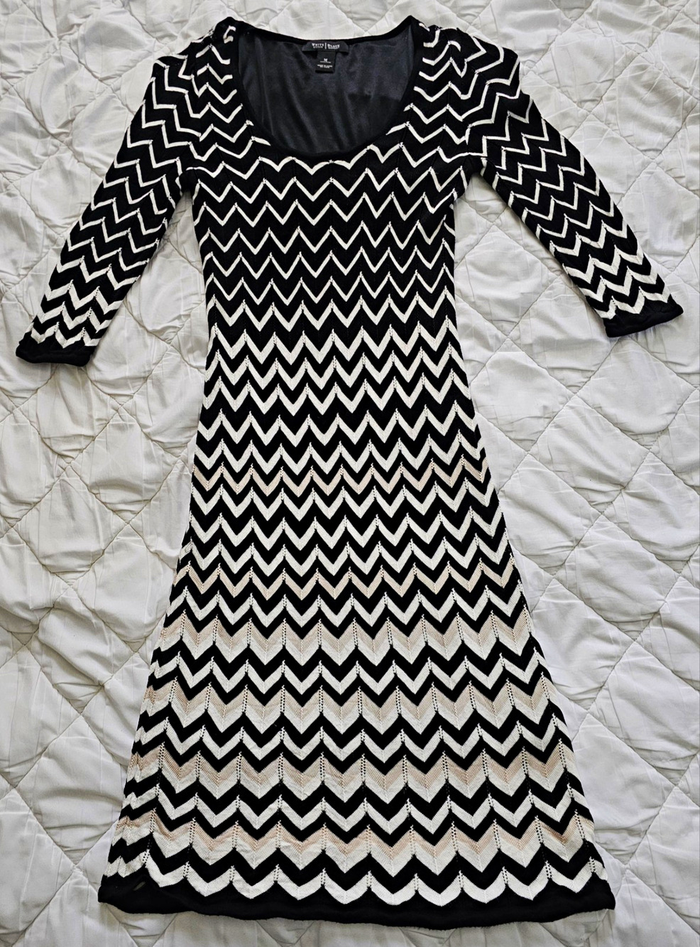 White House Black Market Black White Chevron Knit A-Line Scoop Neck Dress M